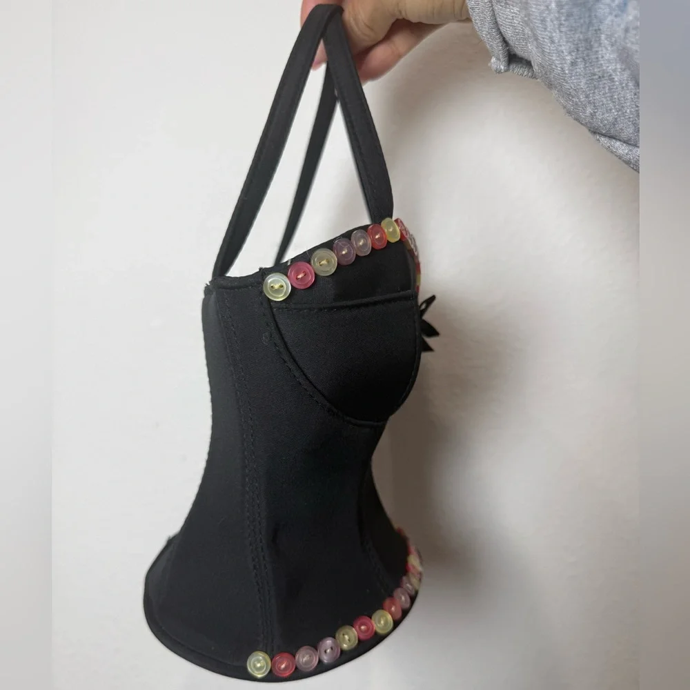 Vintage Y2K Black Mini Satin Handbag Button Trim Top Handle Bag 90s Party Purse - Picture 2 of 6